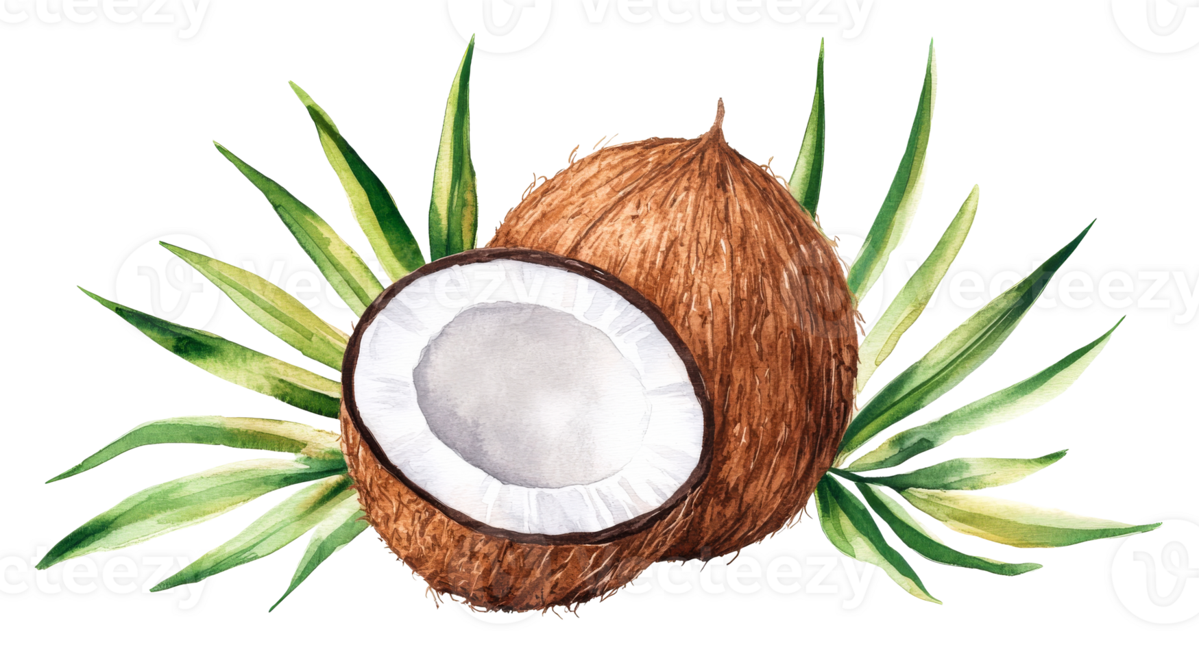 Coconut fruit with leaves, half, tropic watercolor isolated, cut out transparent png