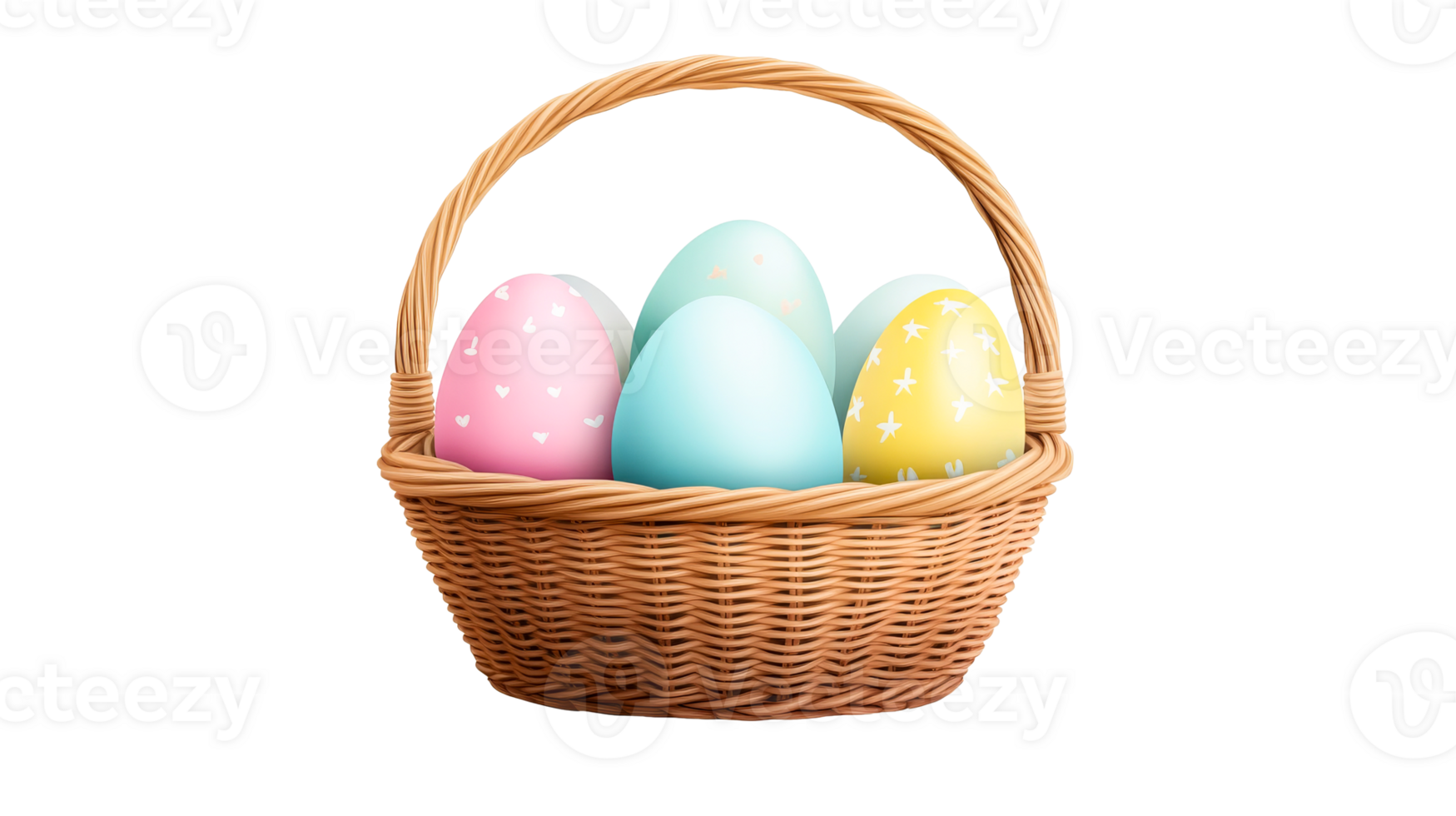 Basket with colorful decorated Easter eggs, cut out transparent png