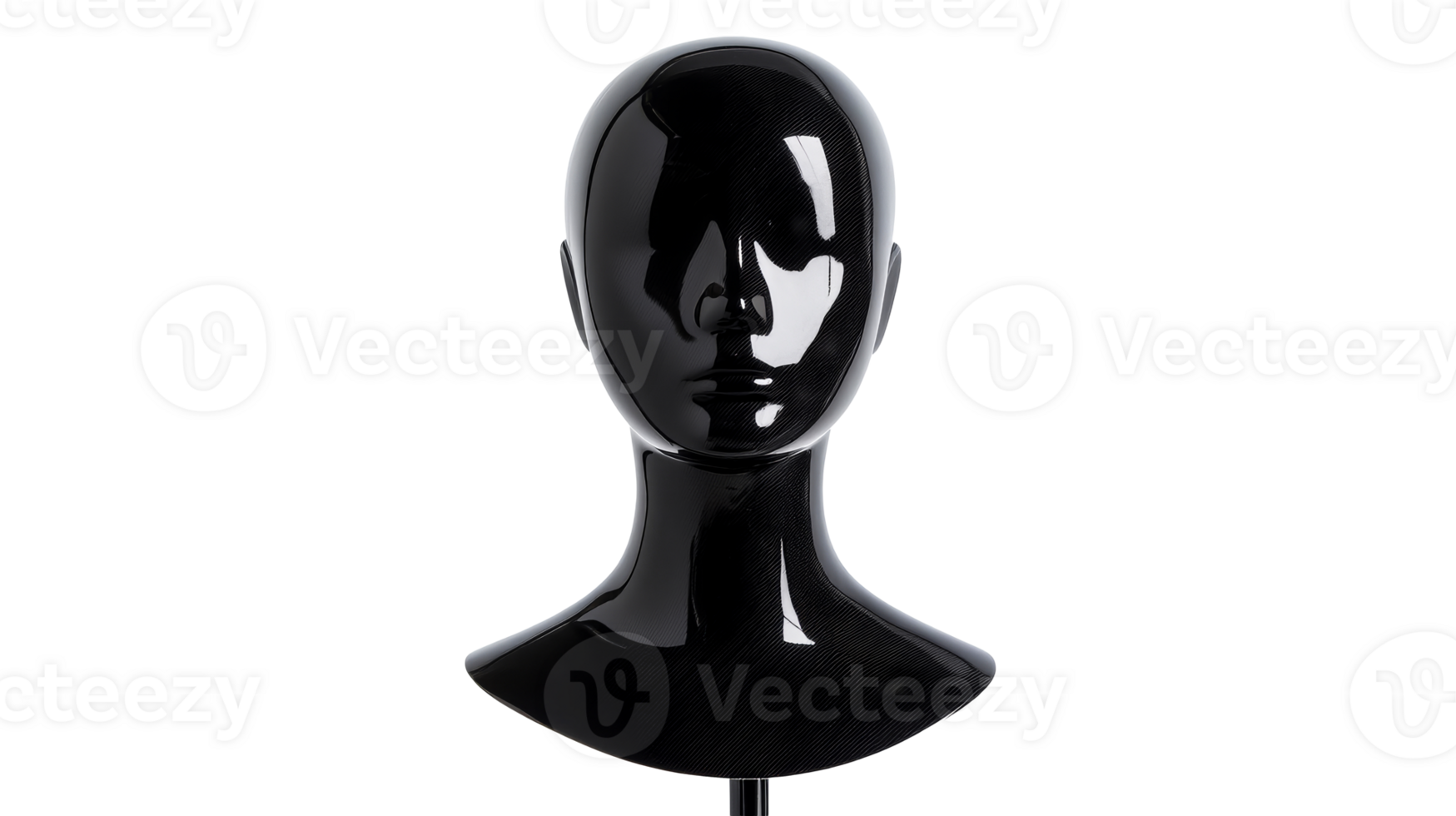 Black mannequin head on a stand against a black background, cut out transparent png