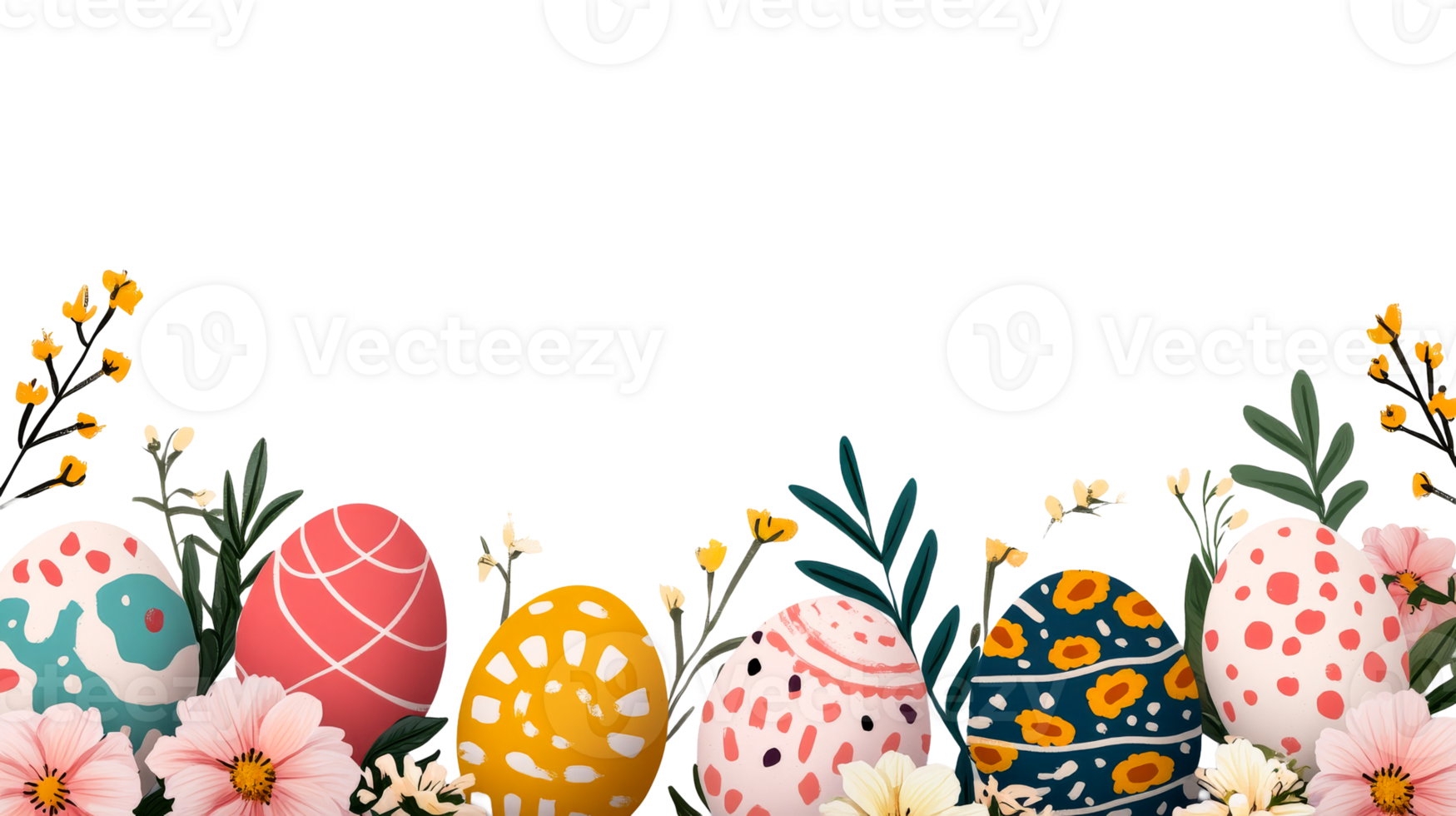 Easter decoration with colorful eggs and flowers, cut out transparent png