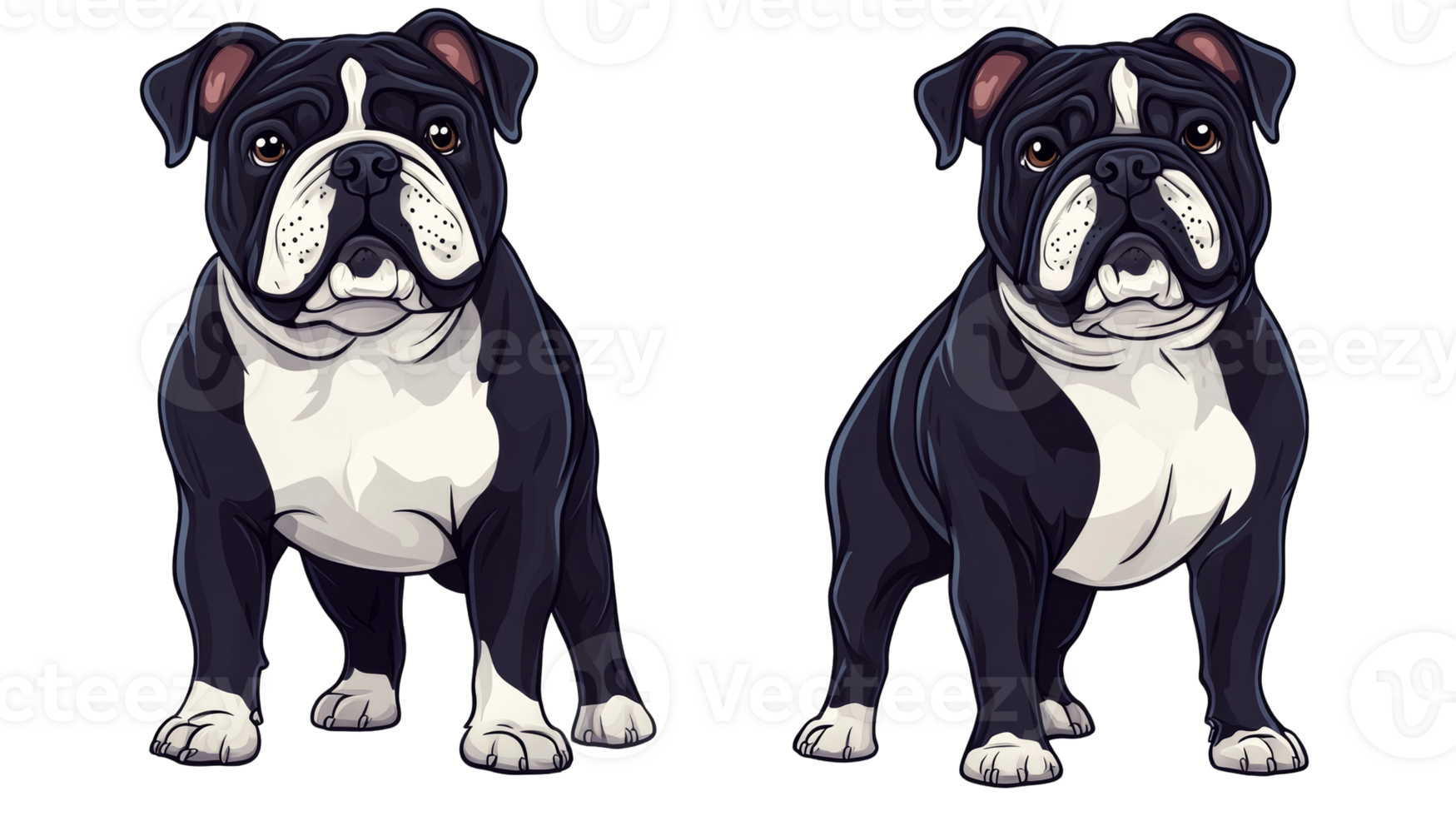 Two dark bulldog stand on black background with confidence, cut out transparent png