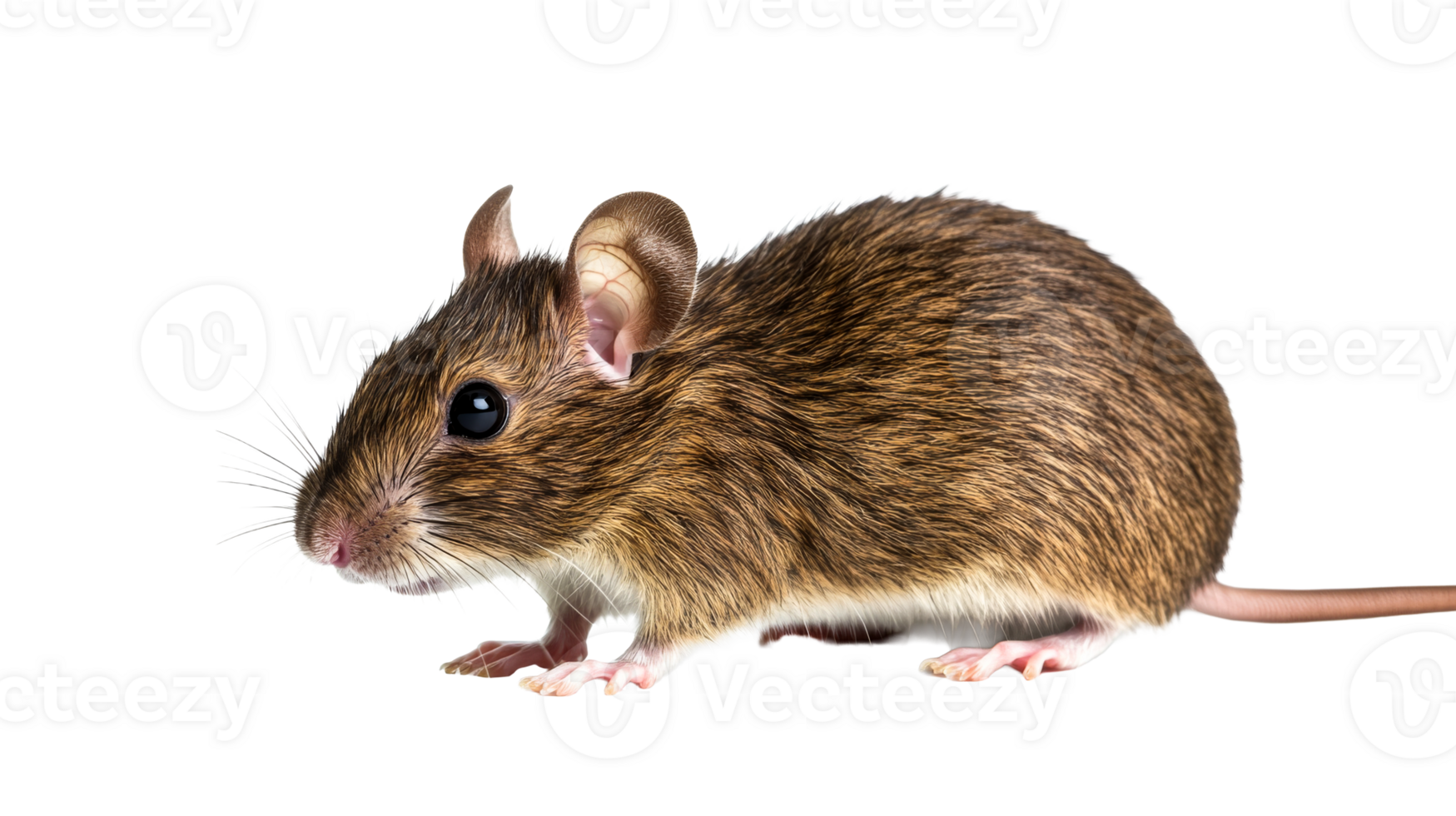 Brown house mouse with whiskers, isolated on black, cut out transparent png