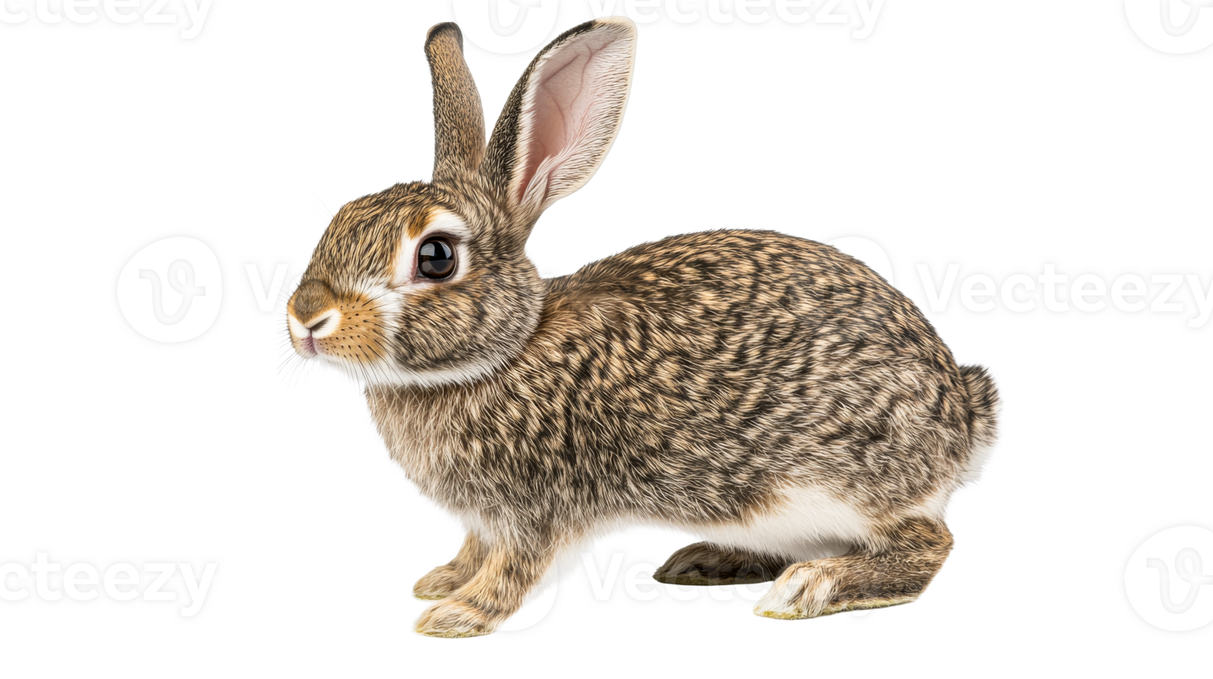 Brown patterned rabbit sits quietly on black background, cut out transparent png