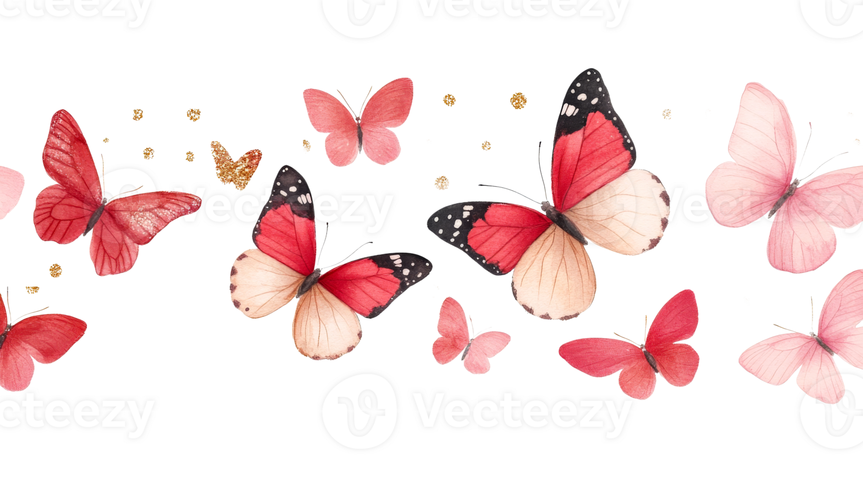 Butterfly illustration, isolated insects, vibrant red, pattern design, gold glitter, cut out transparent png