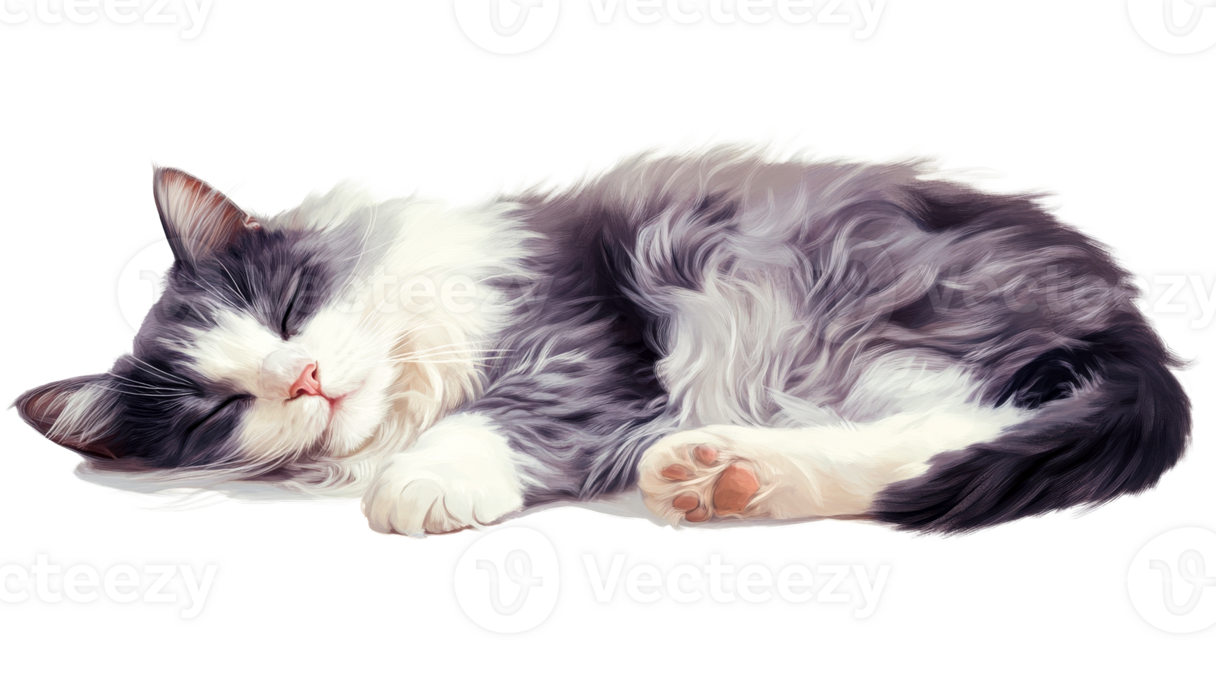 Sleeping cat with white fur and dark gray spots , cut out transparent png