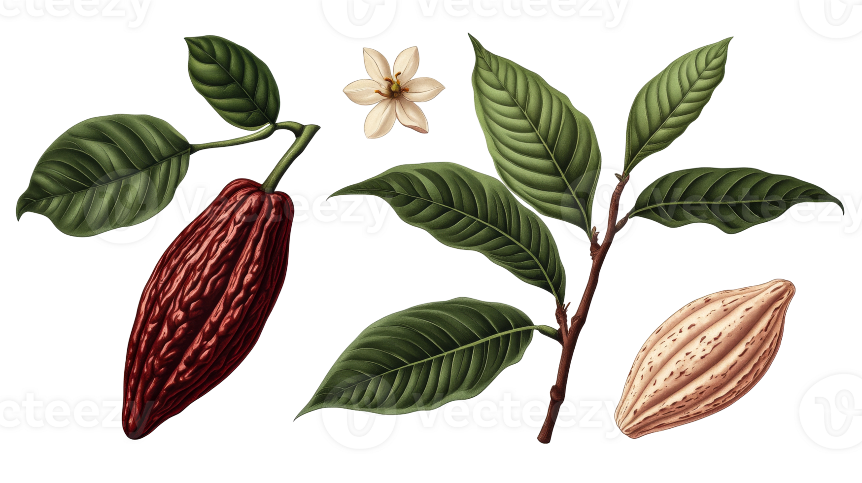 Cacao plant branch, leaves and fruits illustration, detailed botanical drawing, cut out transparent png