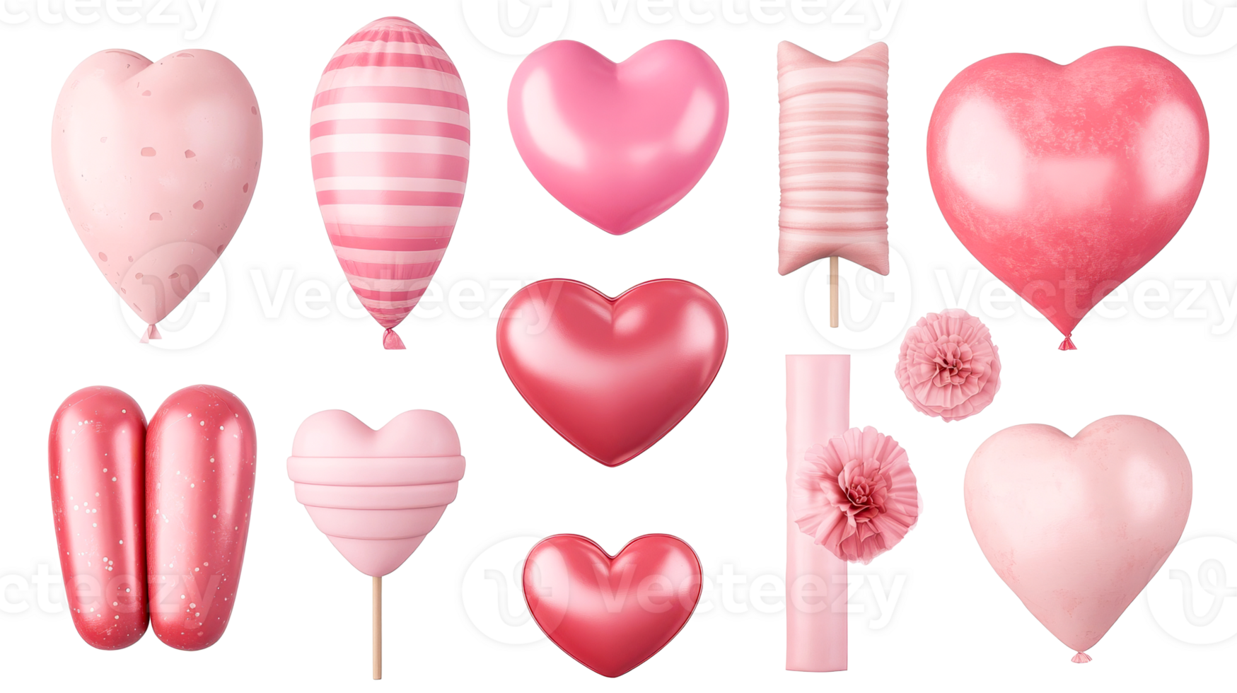 Set of pink decorations for Valentine's Day on black background, cut out transparent png