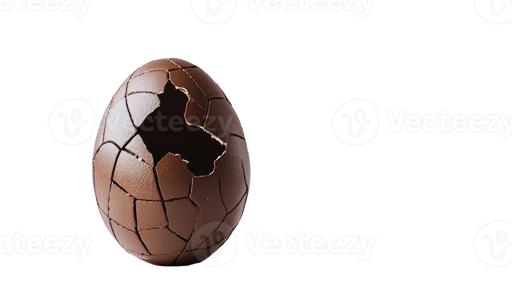 Broken chocolate egg close-up against black background, cut out transparent png