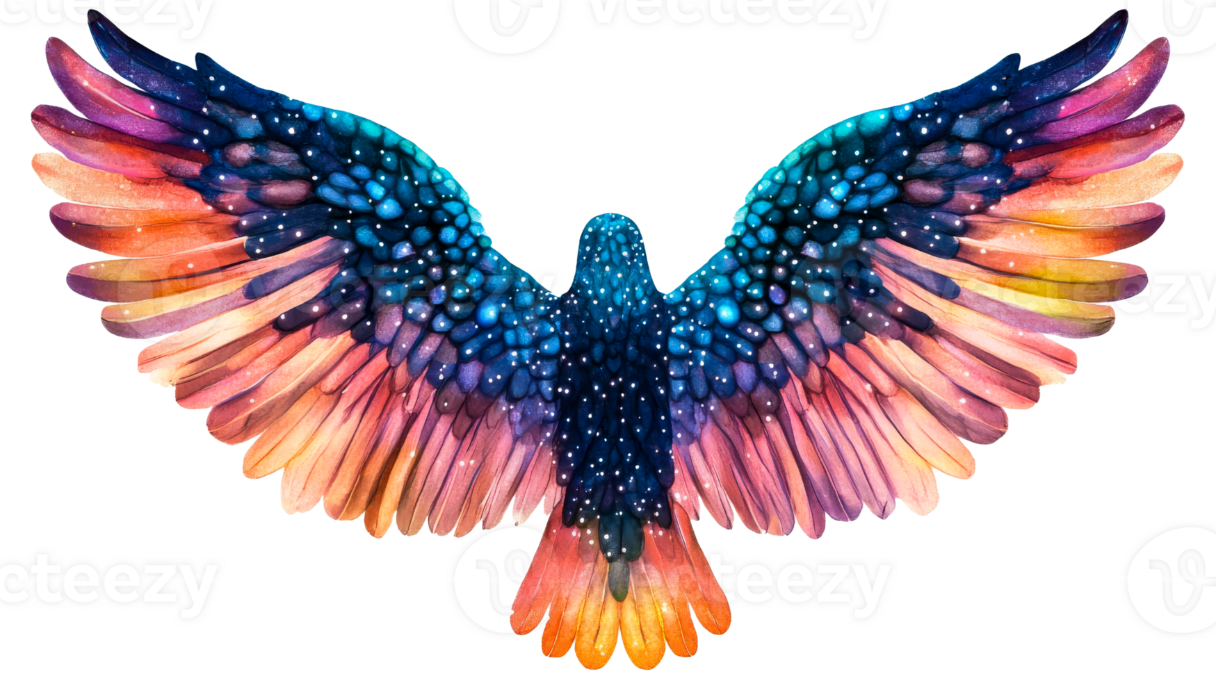 Bird of paradise with galaxy feathers, open wings, celestial theme, cut out transparent png