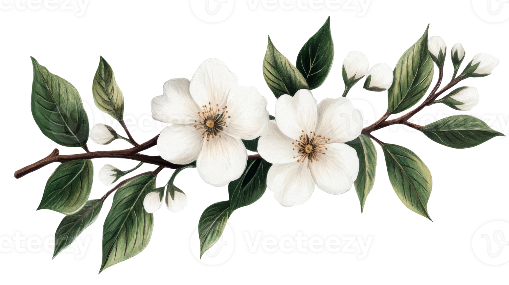 Two white flowers with buds on a branch with leaves, cut out transparent png