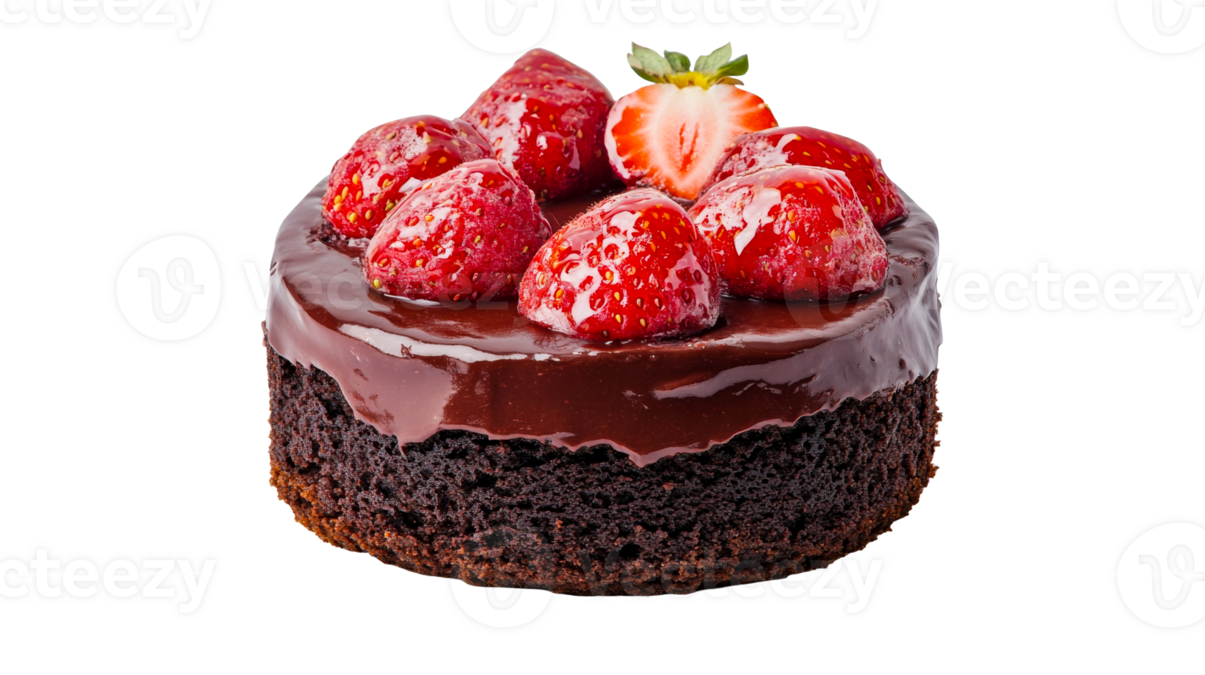 Chocolate cake with glaze and strawberries, sweet dessert, cut out transparent png