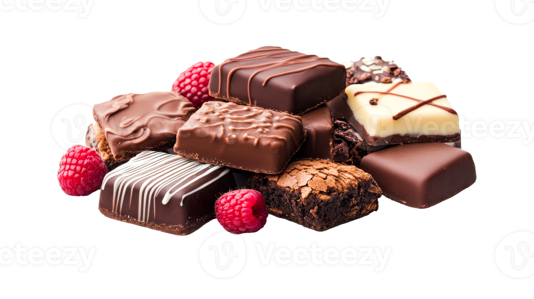 Pile of various chocolates with raspberries, cut out transparent png