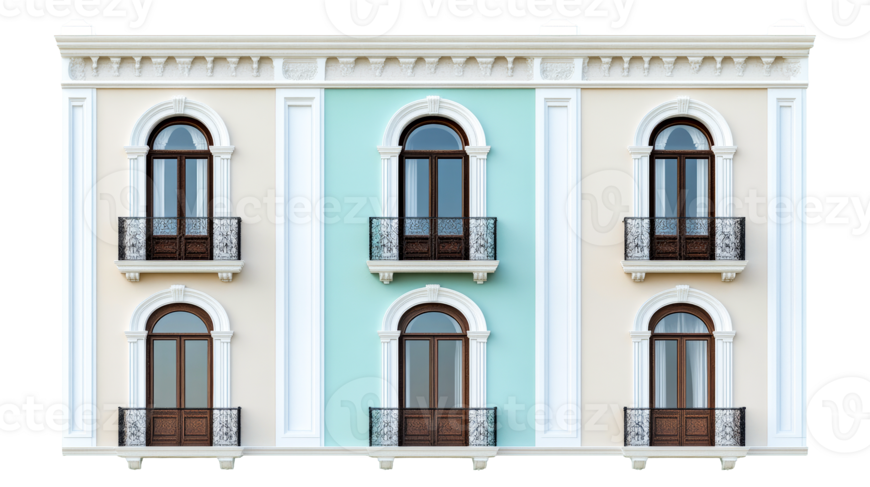 Facade with windows and balcony, architecture cut out transparent png