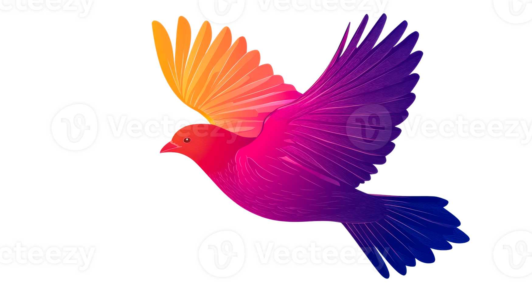 Bright gradient bird in flight against a black backdrop, cut out transparent png