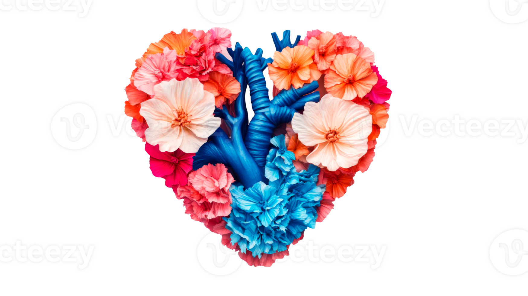 Anatomical heart encircled with flowers, artistic, cut out transparent png