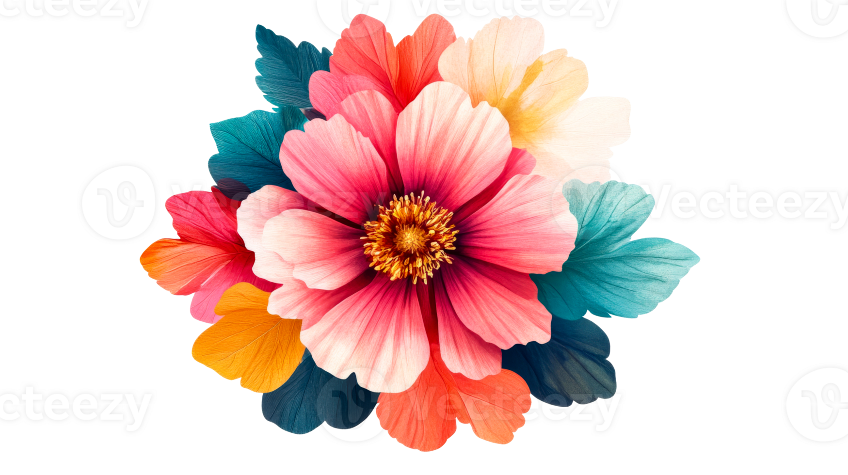 Vibrant floral arrangement with colorful petals and leaves, cut out transparent png