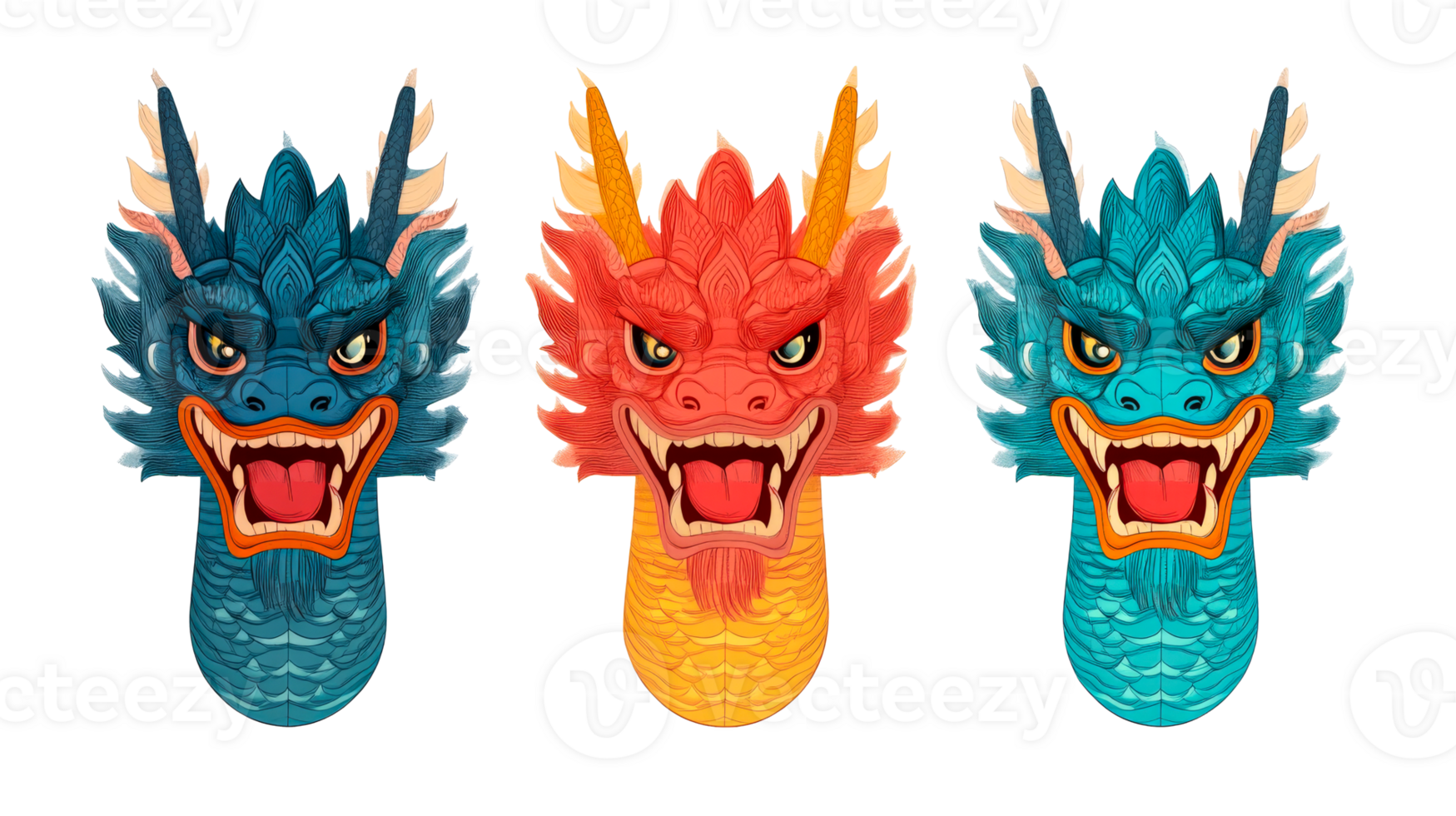 Dragons heads with angry facial expression, mythic creatures, cut out transparent png