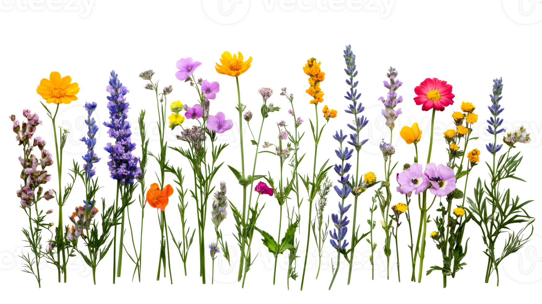 Wildflowers colorful meadow, isolated background, botanical variety, cut out transparent png