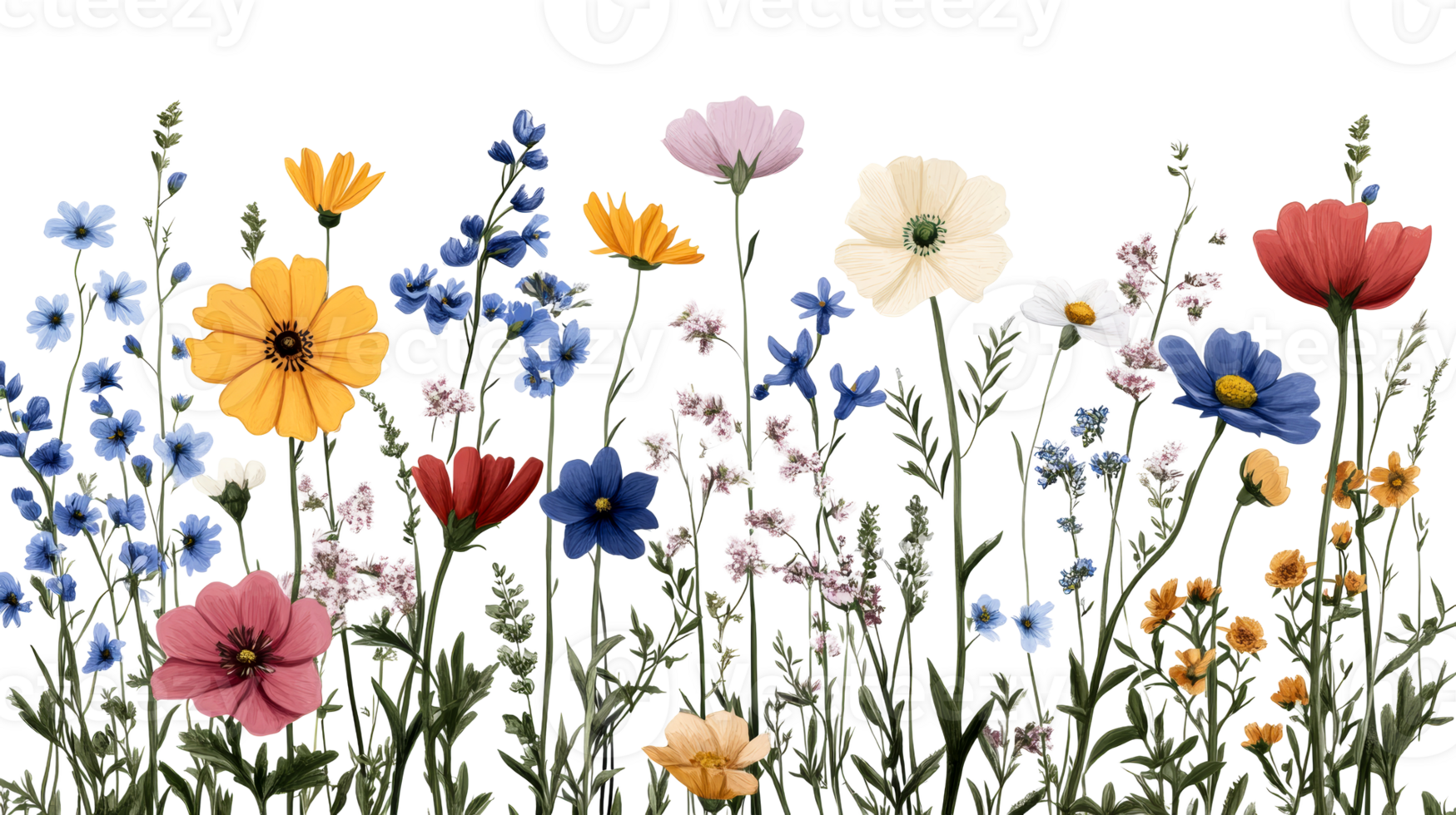 Colorful wildflowers illustration in a row, naturalistic painting style, cut out transparent png