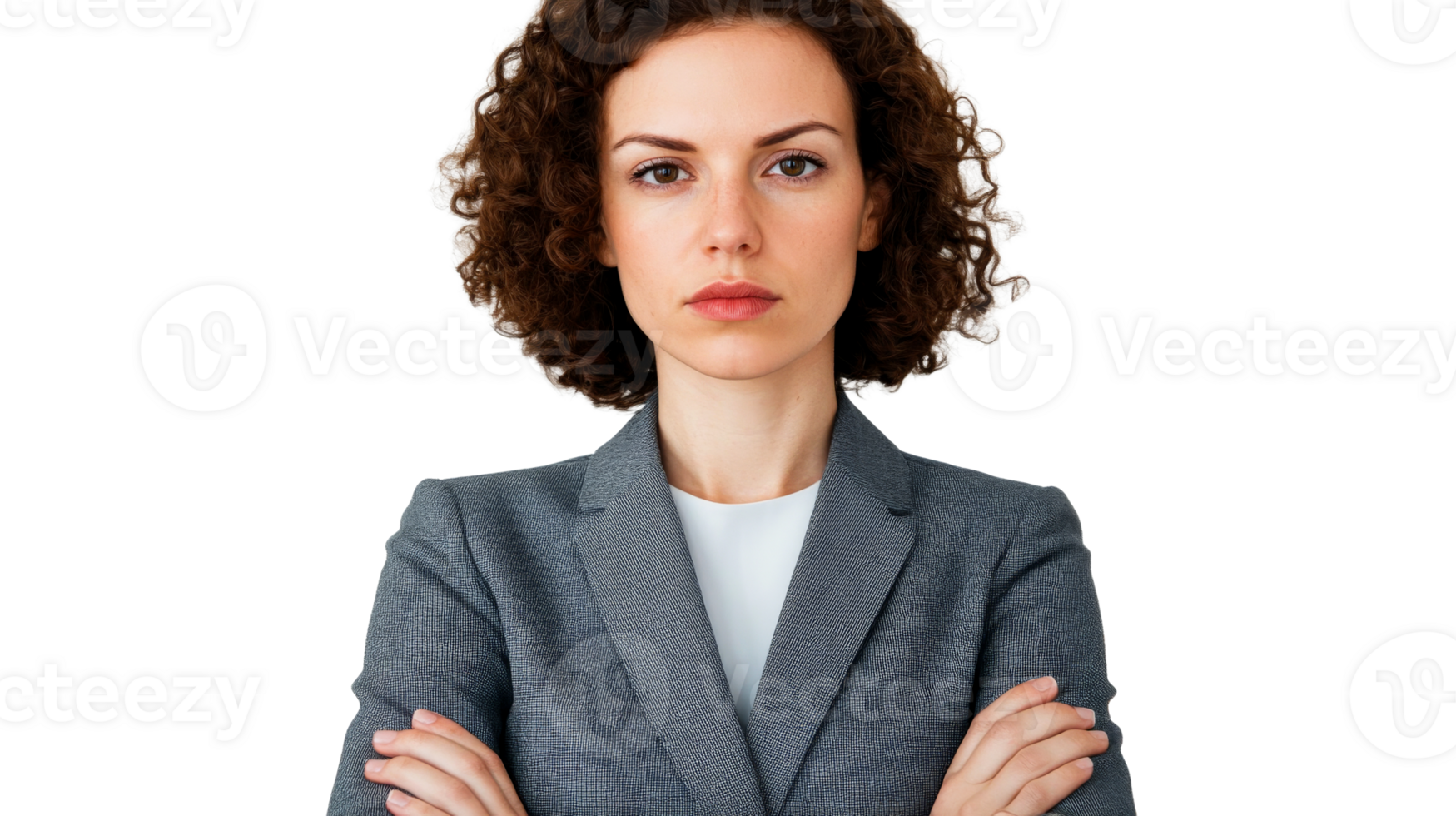 Businesswoman in suit with arms crossed, isolated on black, cut out transparent png