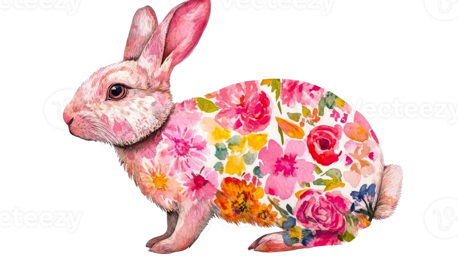 Floral bunny illustration, watercolor animal, nature design element, spring, cut out transparent png
