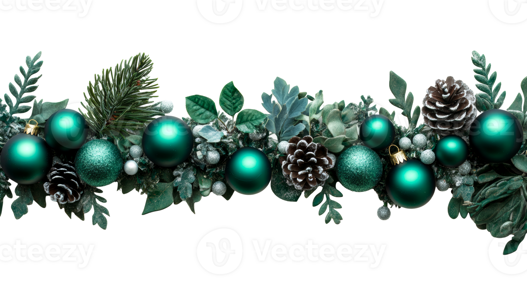 Festive holiday border element with emerald ornaments, cut out transparent png