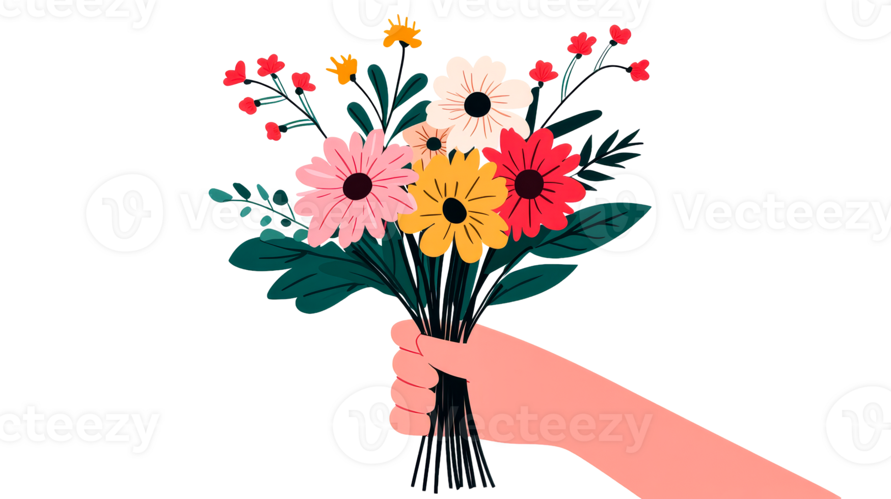 Hand holding bouquet with colorful flowers design, cut out transparent png