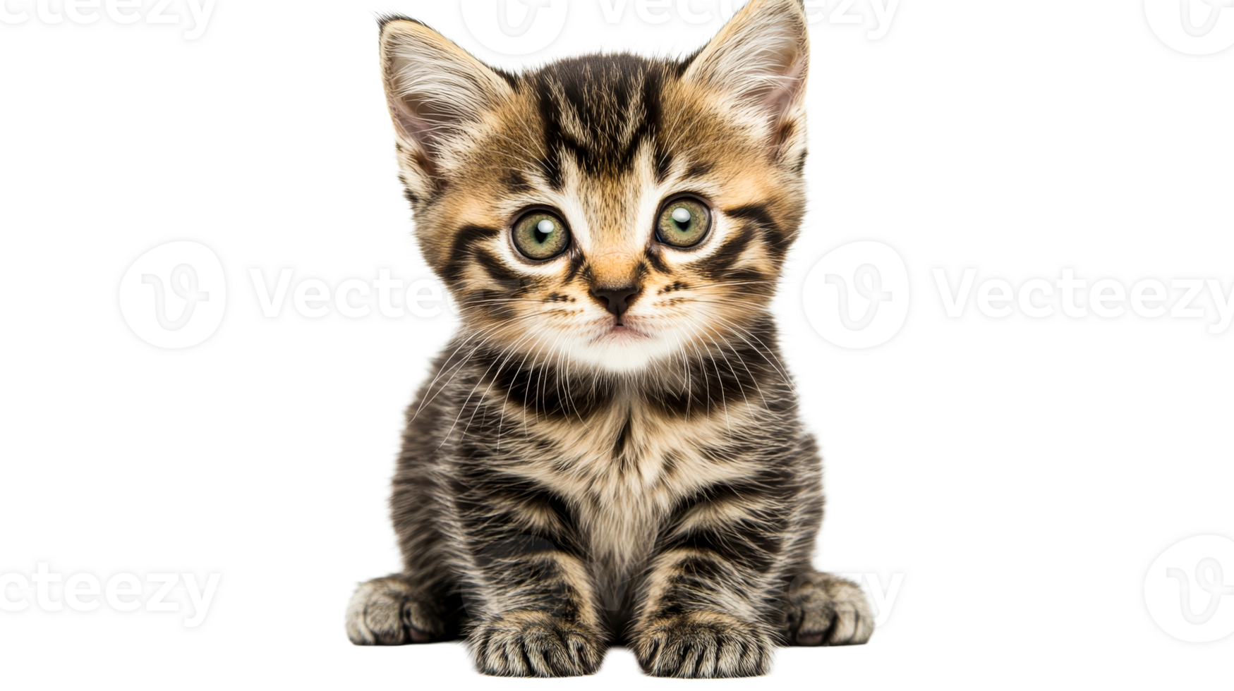 Charming tabby kitten with big eyes, looking forward, cut out transparent png