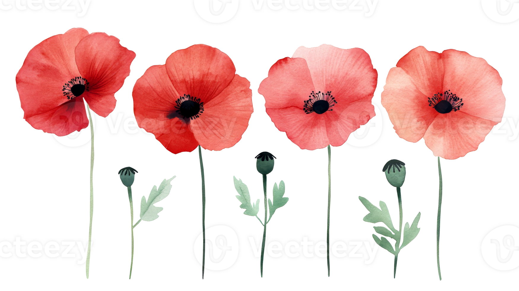 Watercolor poppies flowers arrangement on black background, cut out transparent png
