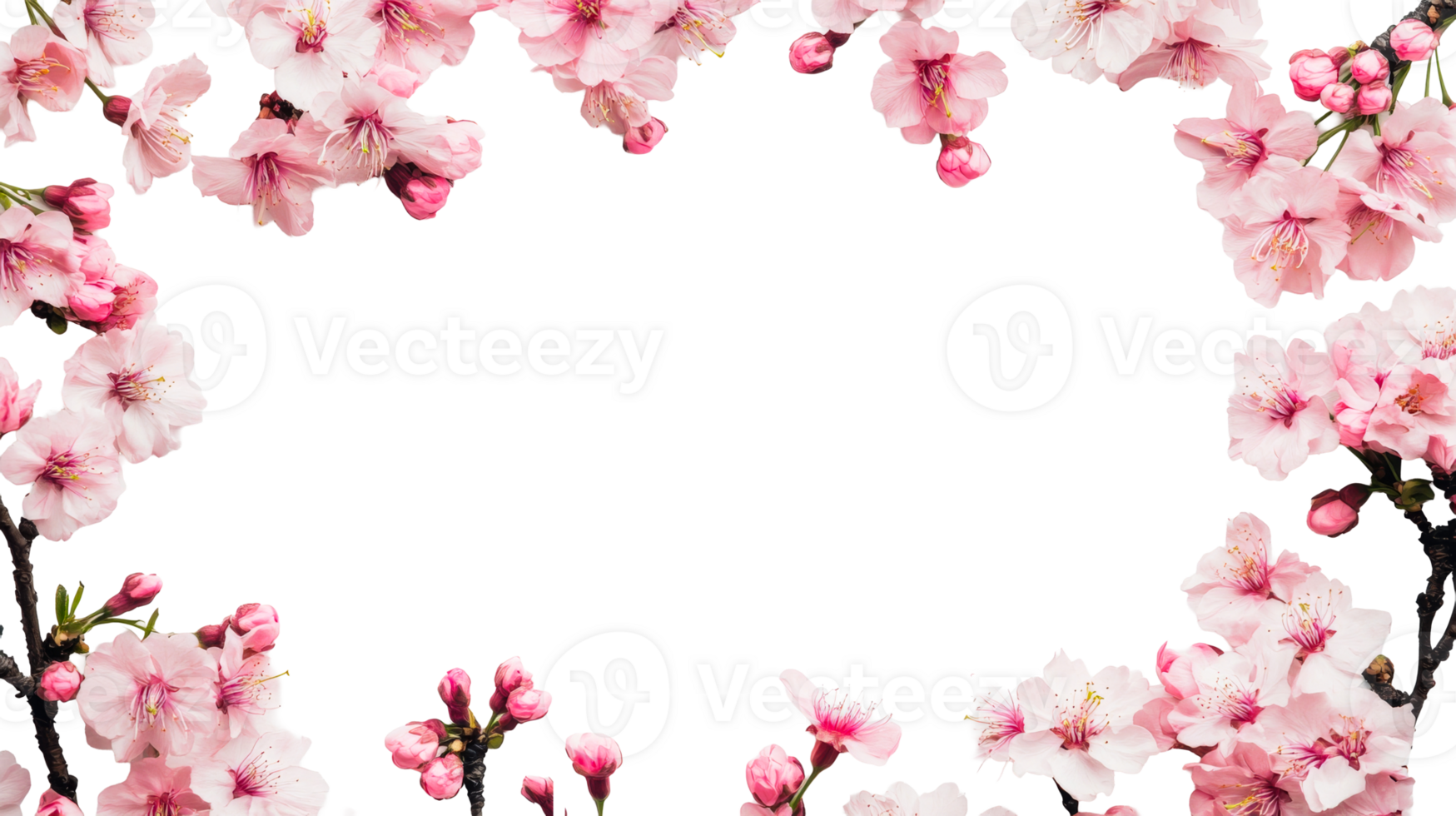 Sakura flower frame in bloom against dark background, cut out transparent png