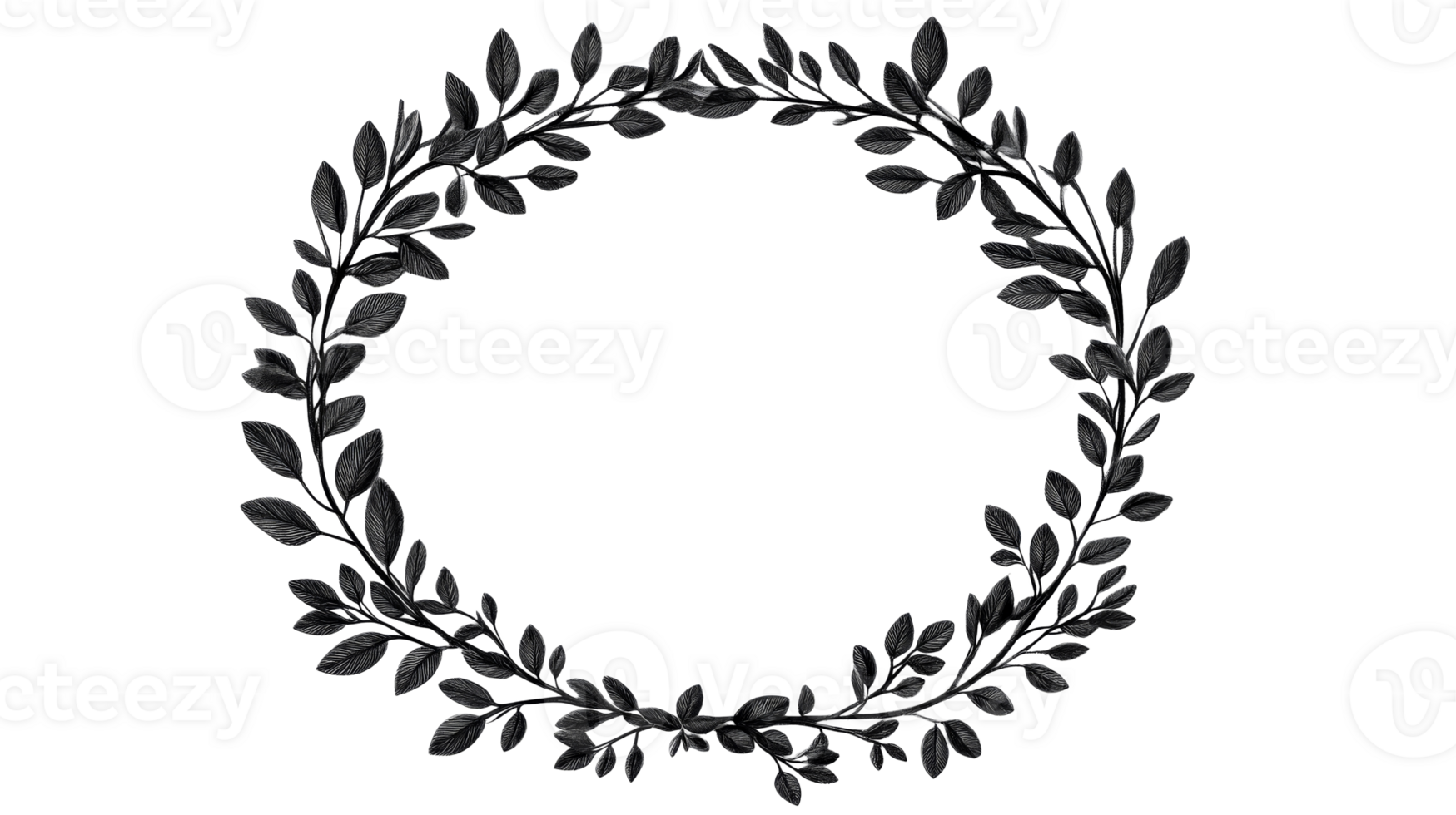 Leaf wreath on black background in line art style, cut out transparent png