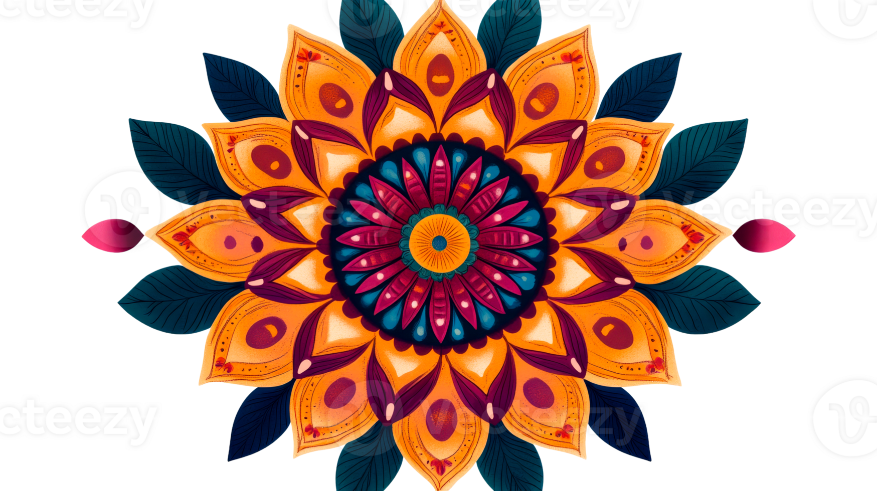 Ornate flower mandala pattern with abstract petals, cut out transparent png