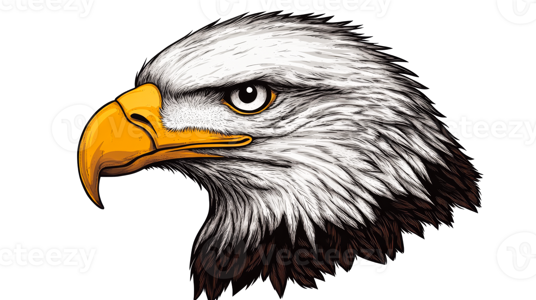Eagle head profile illustration, detailed feathers, sharp beak, cut out transparent png