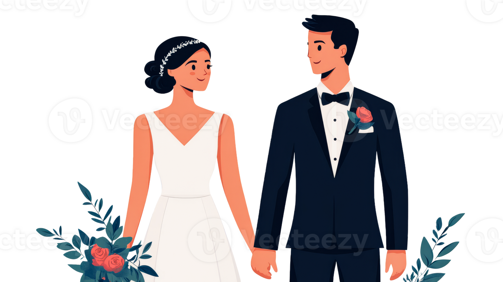 Bride and groom illustration holding hands, looking at each other, cut out transparent png