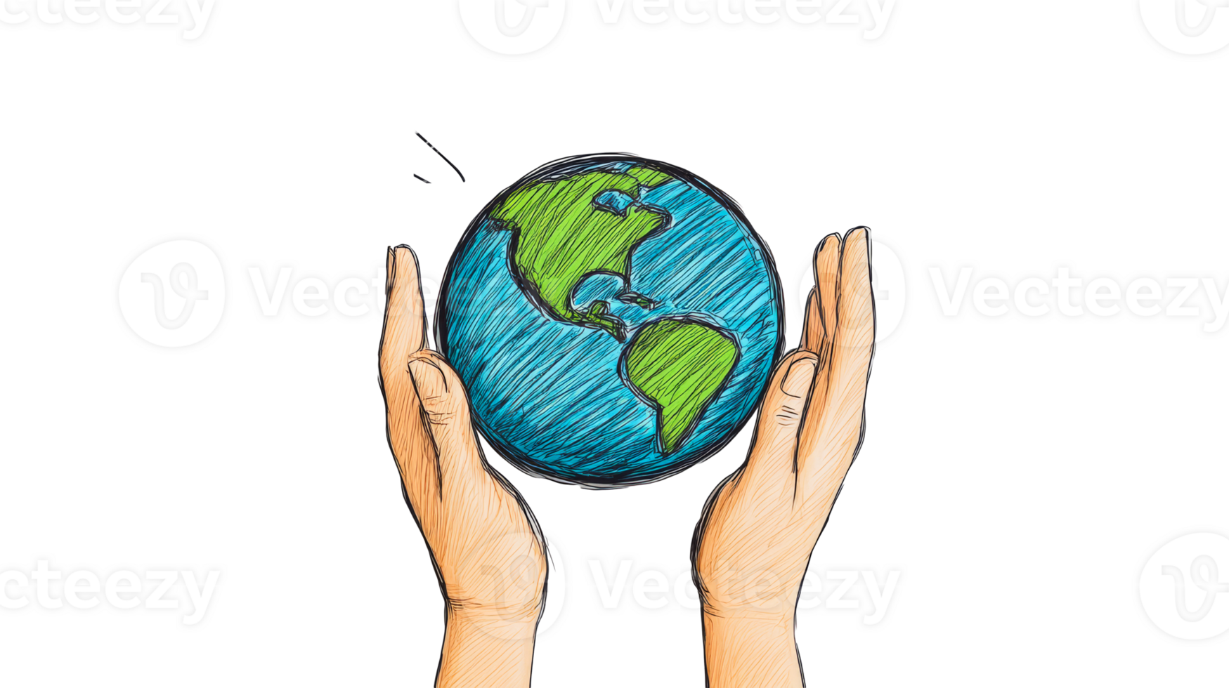 Sketch style earth held in hands, ecology concept, cut out transparent png
