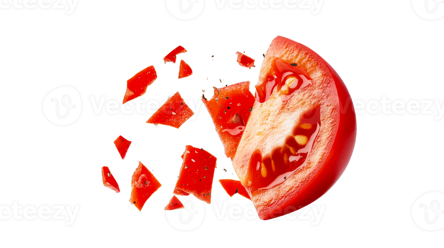Sliced tomato with flying pieces of tomato, black background, cut out transparent png