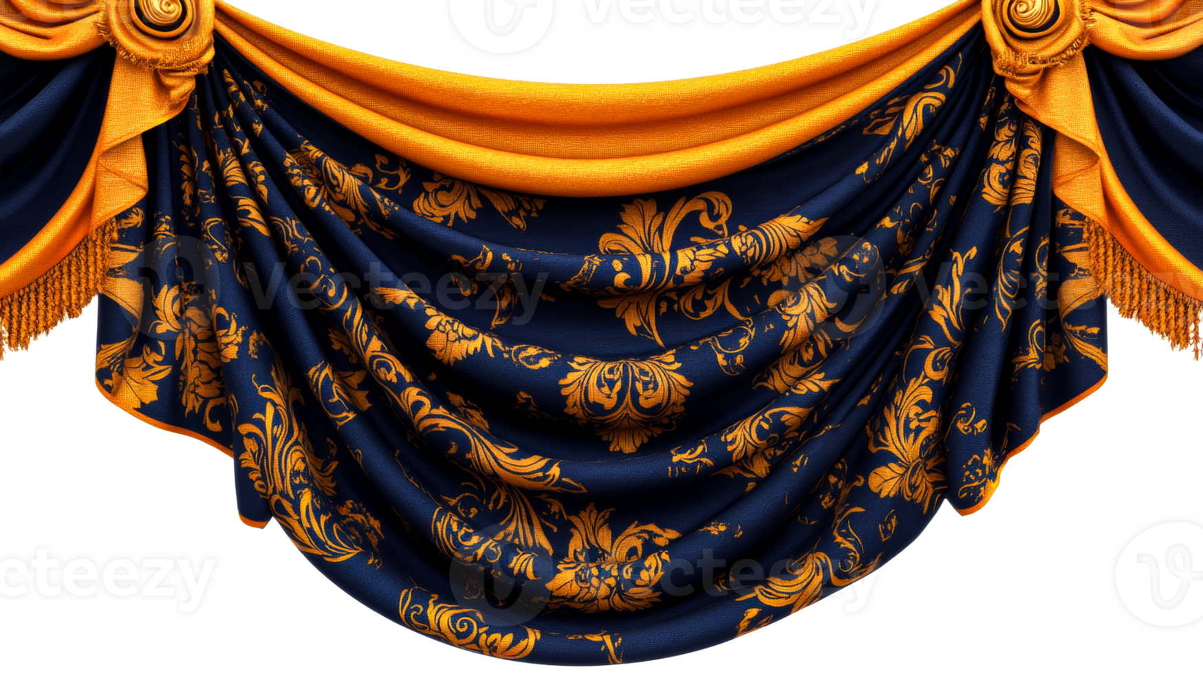 Ornate navy blue and gold patterned curtain, cut out transparent png