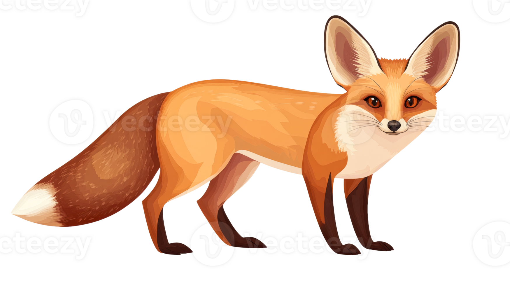 Fox with orange fur standing alert on black background, cut out transparent png