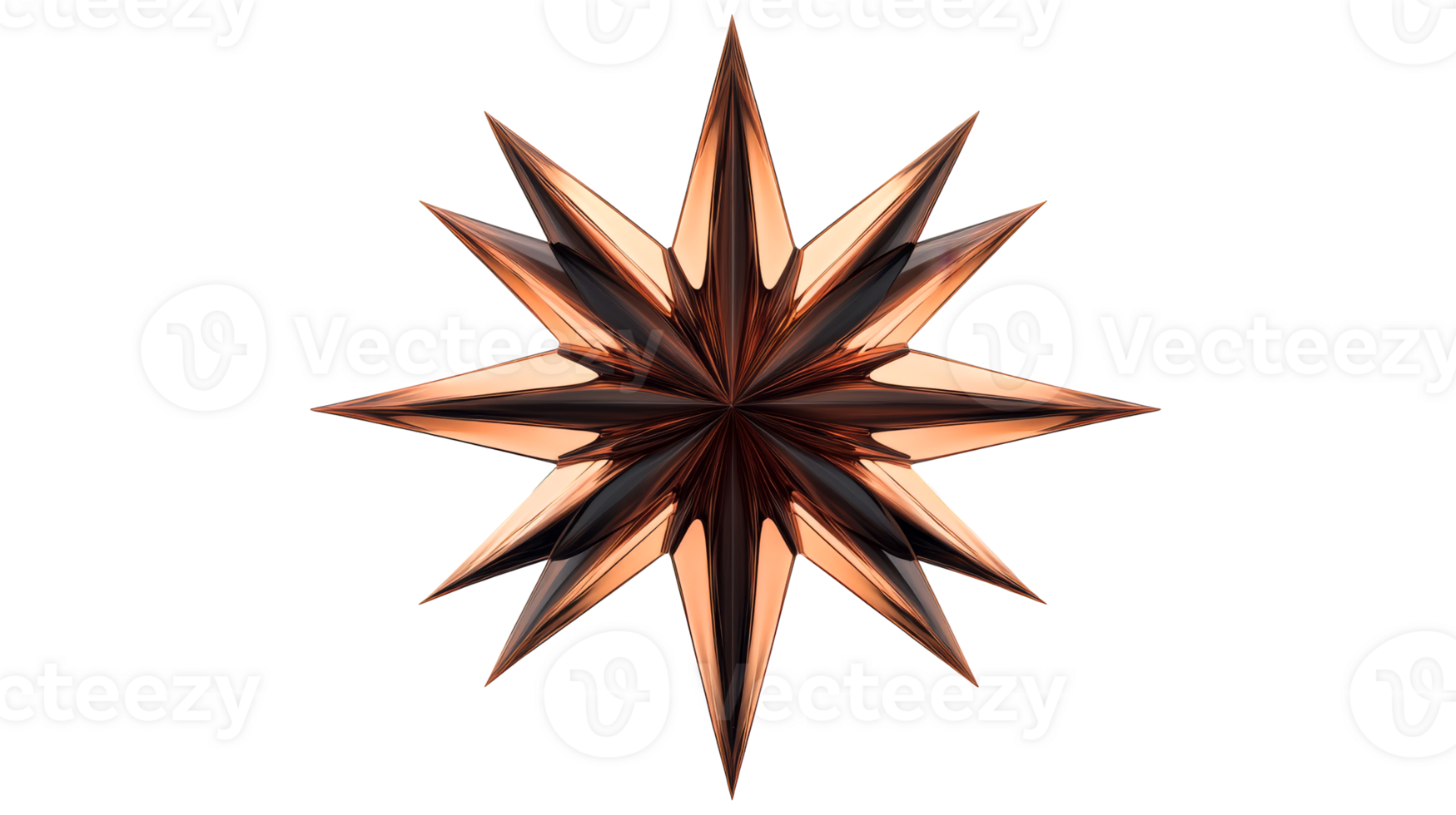 Copper star with sharp rays, elegant decoration isolated, cut out transparent png