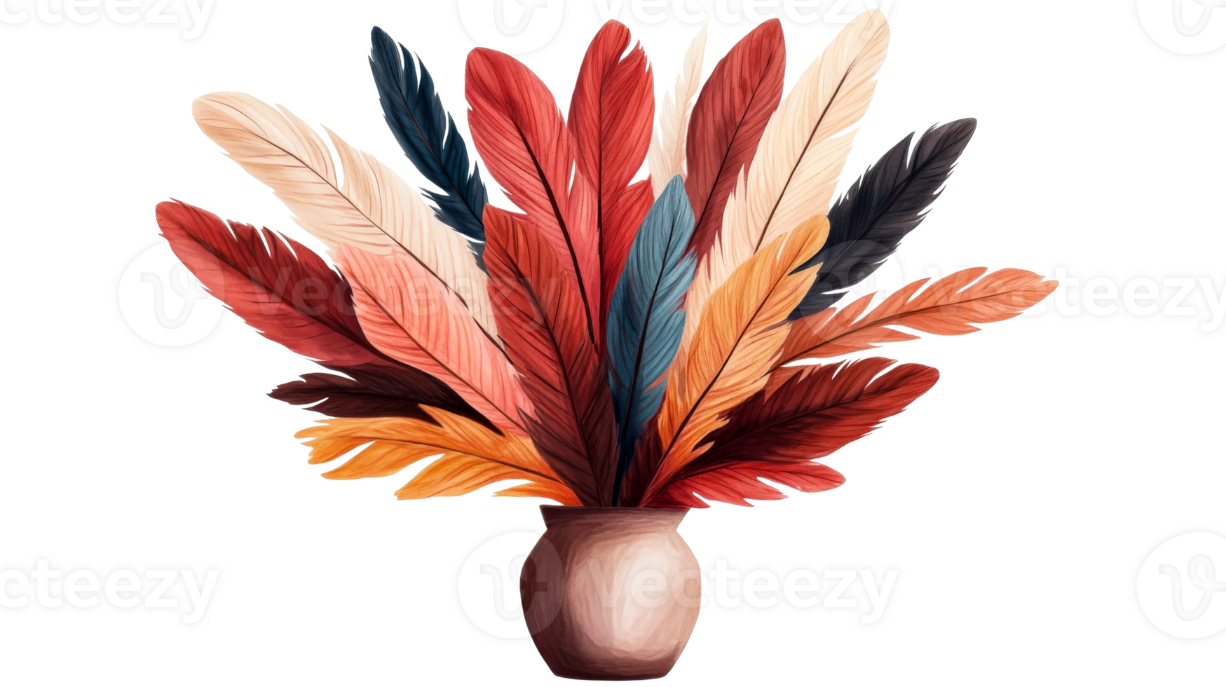 Colorful feathers in a vase, boho style composition, cut out transparent png