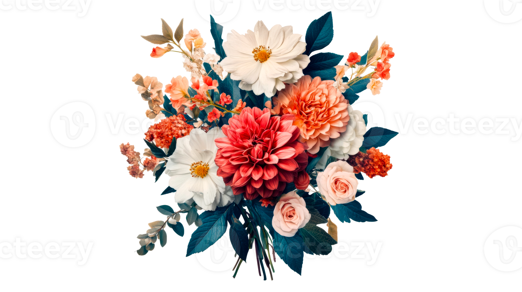 Colorful floral arrangement with dahlias and roses, cut out transparent png