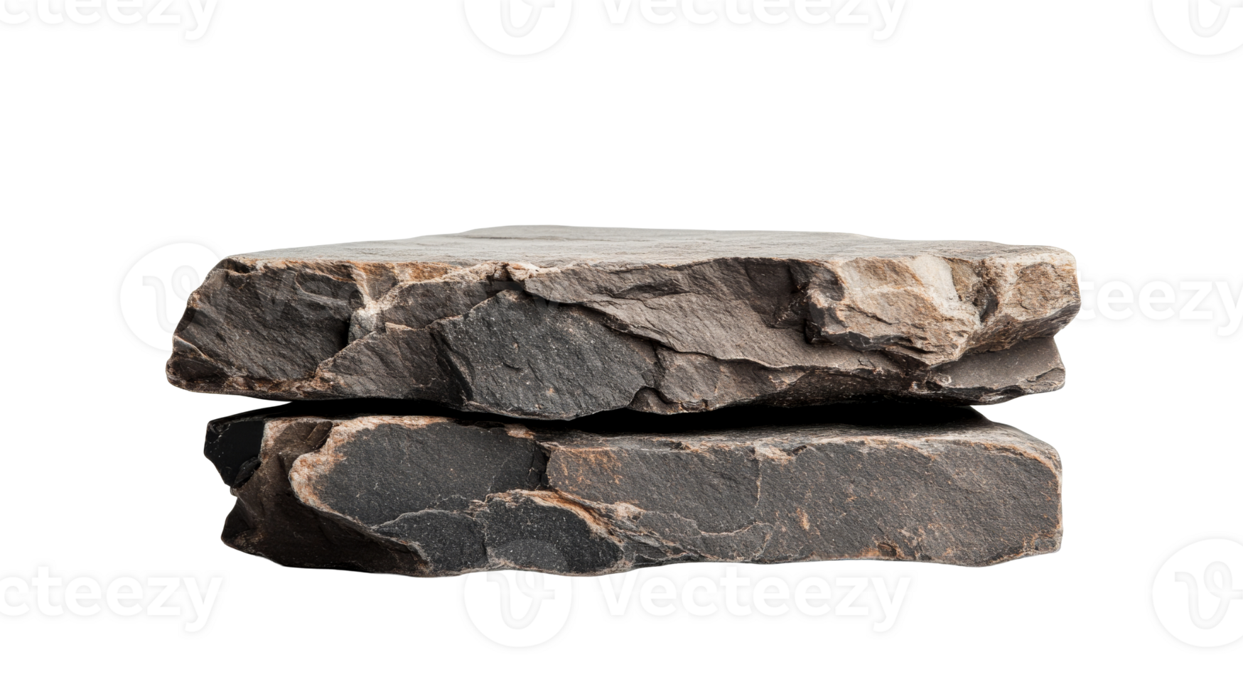 Stacked natural stone platform display, grey rock podium presentation, cut out transparent png