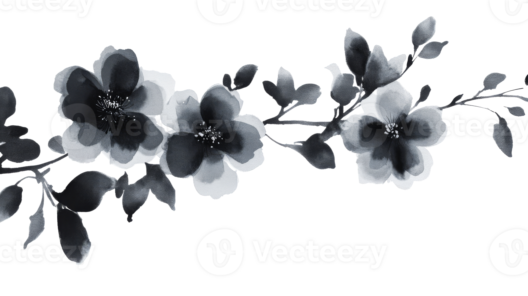 Watercolor branch of flowers, floral arrangement on black, cut out transparent png