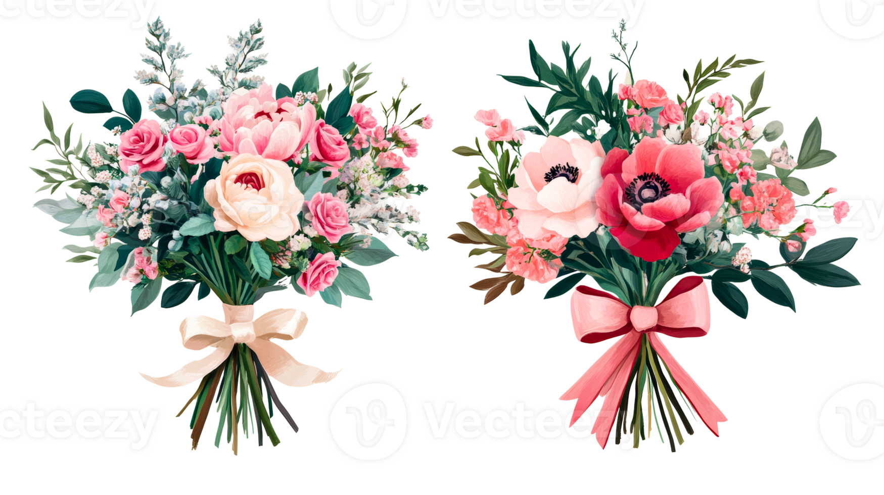 Two bouquets of flowers on a black background, isolated composition, cut out transparent png