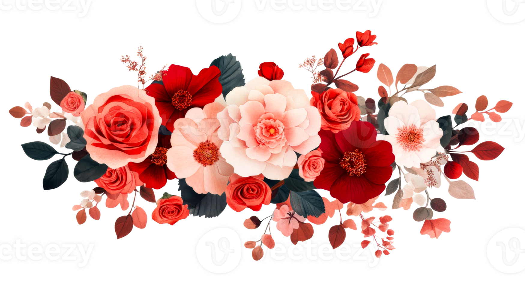Floral Arrangement of Roses and Poppies in Red Tones, cut out transparent png