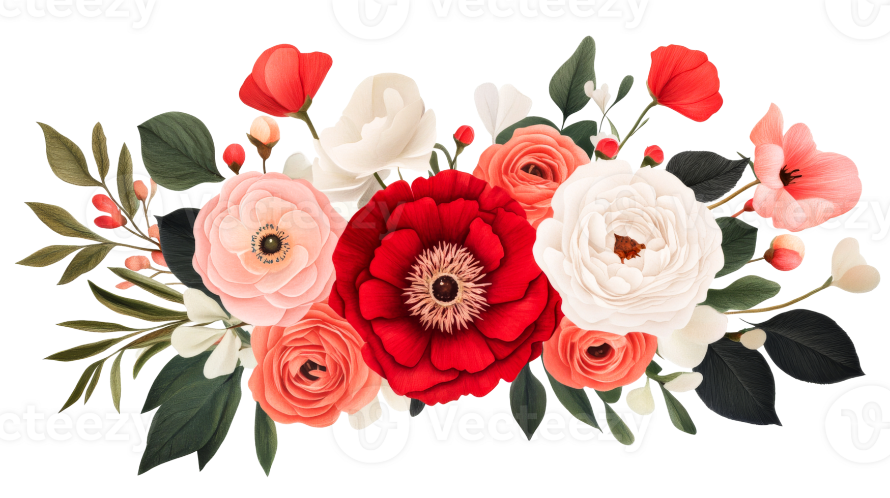 Red and pink flowers bouquet arrangement, cut out transparent png