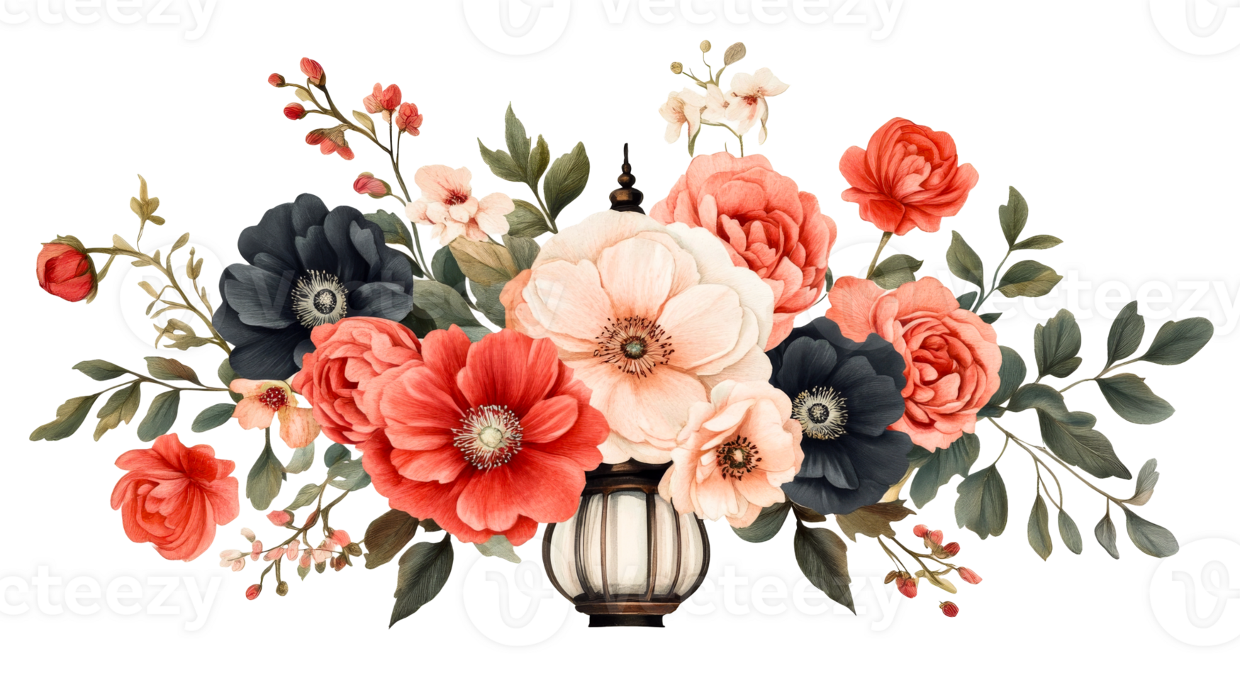 Floral arrangement with roses and lantern in watercolor style, cut out transparent png