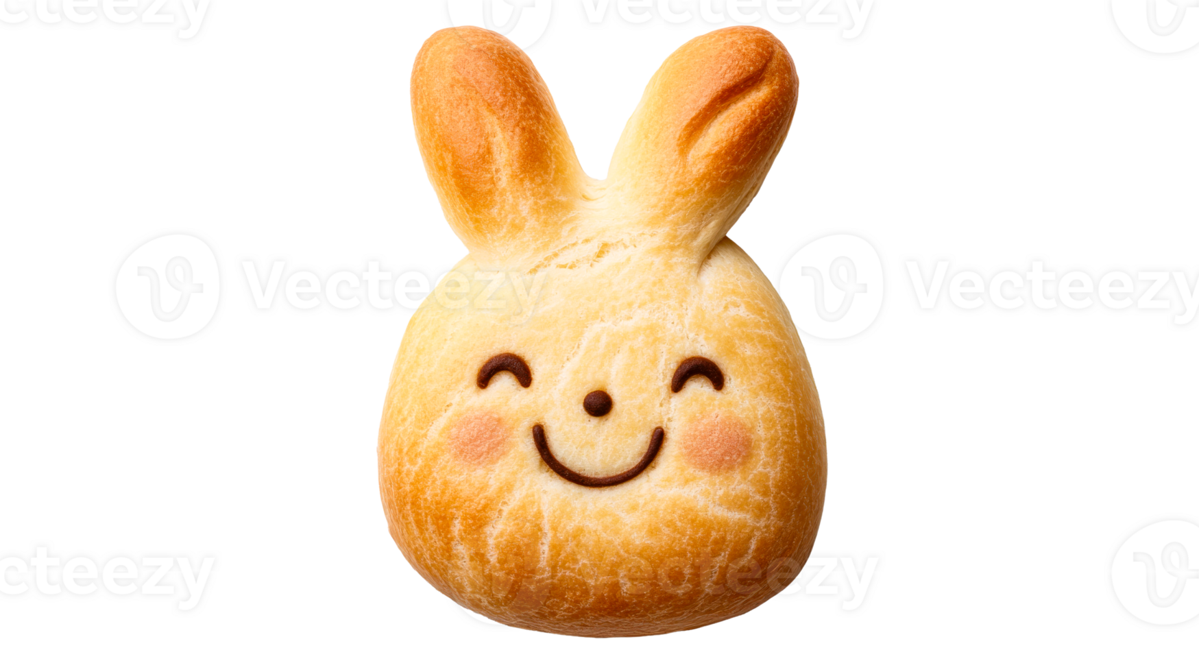 Baked bunny bread with happy face expression, cut out transparent png