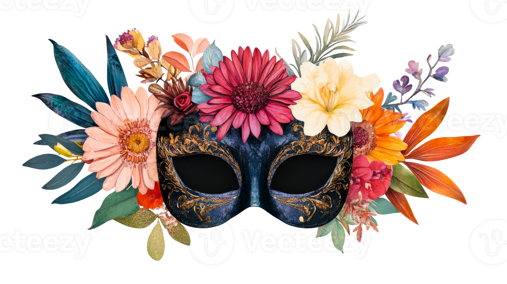 Masquerade mask adorned with vibrant floral arrangement, cut out transparent png