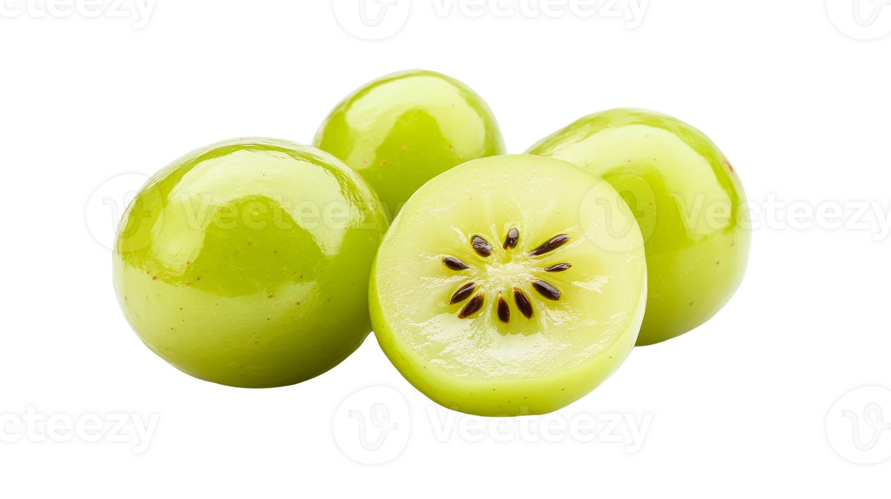 Green kiwi berries, whole and halved, freshness, healthy snack, cut out transparent png